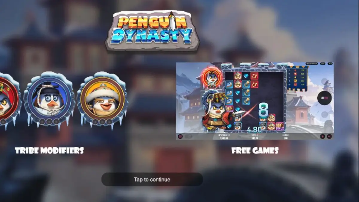 Pemandangan istana es megah dengan karakter penguin pejuang dalam slot Penguin Dynasty
